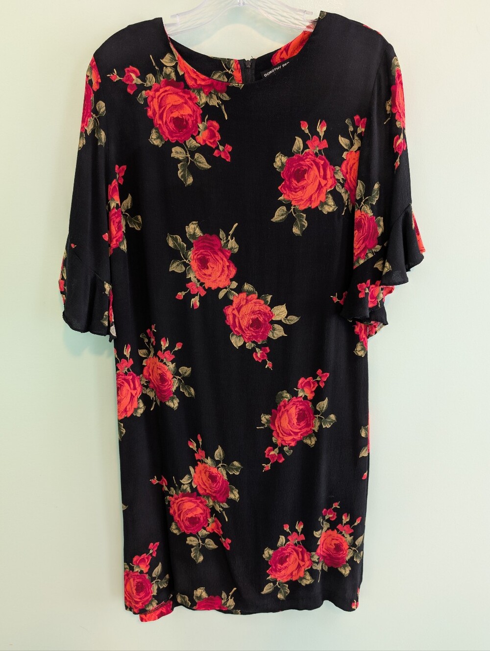 Dorothy Perkins Black Shift Dress with Red Rose Print- Size 8